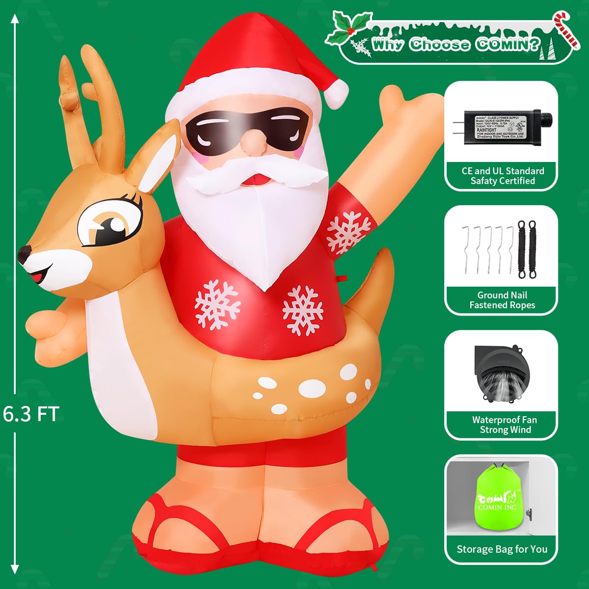 COMIN 6.3FT Tall Christmas Inflatables Outdoor Decorations Blow Up Hawaii Santa Claus with Built-in LEDs for Christmas Indoor Outdoor Yard Lawn Garden Decorations