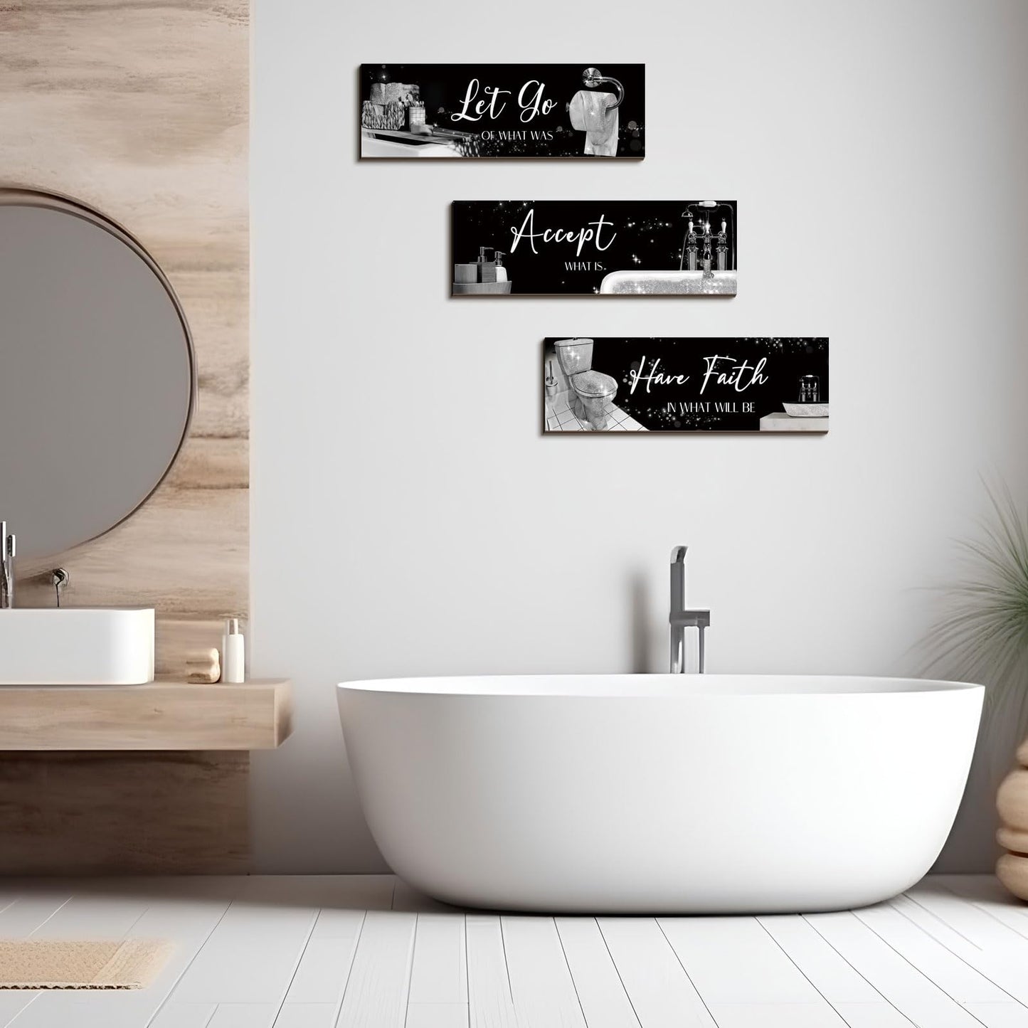 Honoson 3 Pcs Bathroom Decor Wall Art Bathroom Pictures Decor Accept Let Go Have Faith Wood Wall Hanging Sign for Home Spa Laundry 11. 8 x 3. 9 x 0. 2 Inches (Silver)