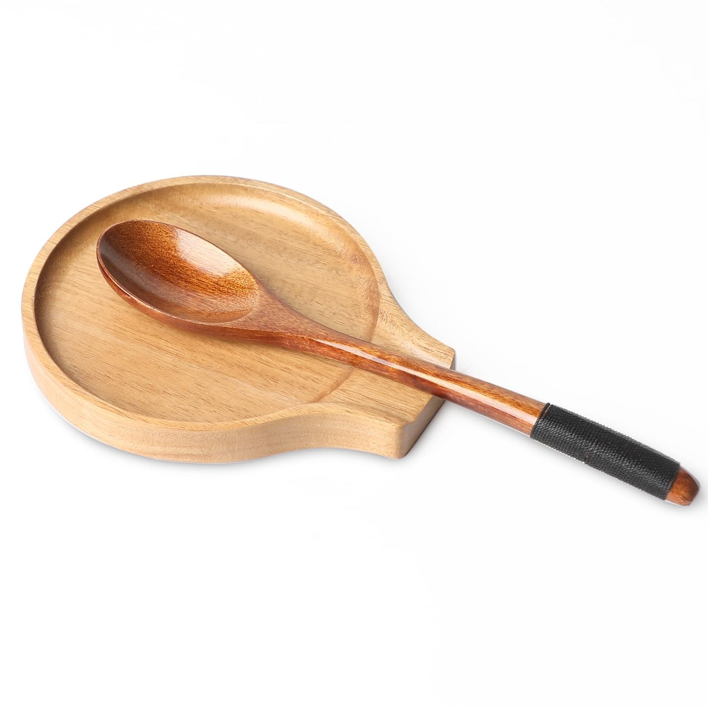 LBEMEY Acacia Wood Spoon Rest For Stove Top- Smooth Round Wooden Spoon Holder For Kitchen Counter with Non Slip Silicone Feet, Perfect Holder For Spoons,Spatulas and Tongs (Brown)