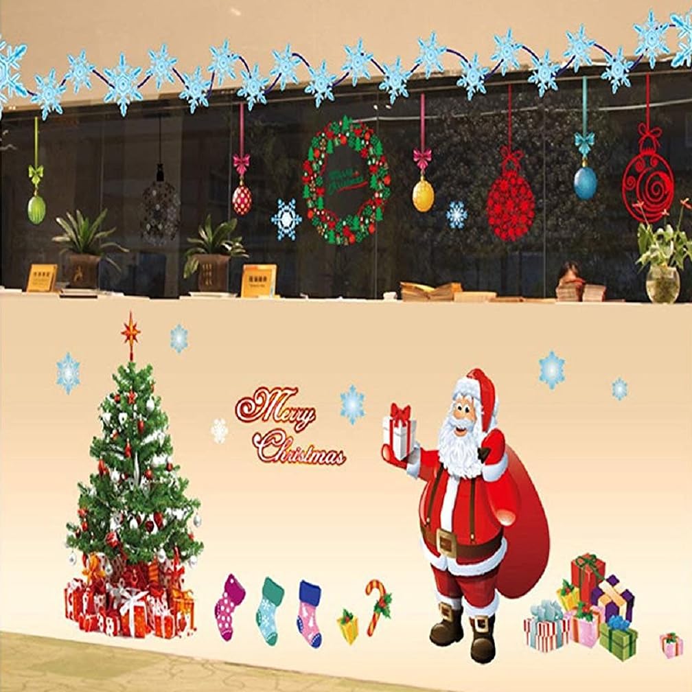 DIY Christmas Windows Clings Stickers Wreath Snowflakes Large Santa Claus Xmas Tree Wall Window Door Mural Decals Static Sticker for Office Winter Party Decorations (11 Sheets)