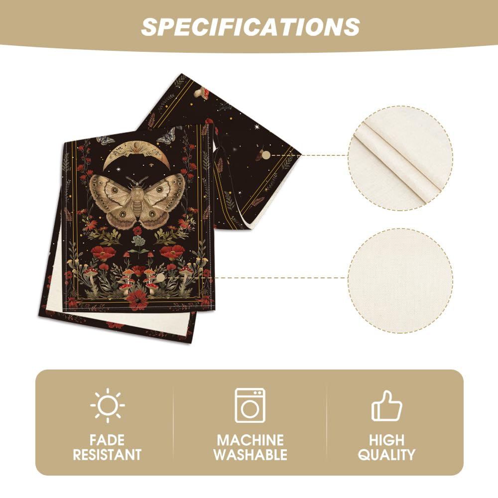 Artoid Mode Poppy Moth Mushroom Moon Fall Table Runner, Seasonal Autumn Kitchen Dining Table Decoration for Home Party Decor 13x72 Inch