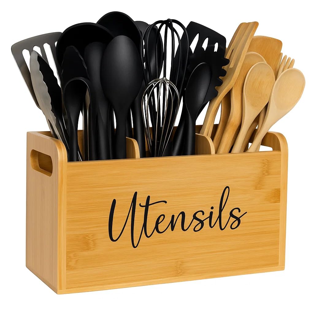 Bamboo Kitchen Utensil Holder for Countertop – Large 3-Compartment Organizer & Caddy with Drain Holes, Farmhouse Utensil Holder for Kitchen Counter, Rustic Wood Storage for Spoons & Spatulas