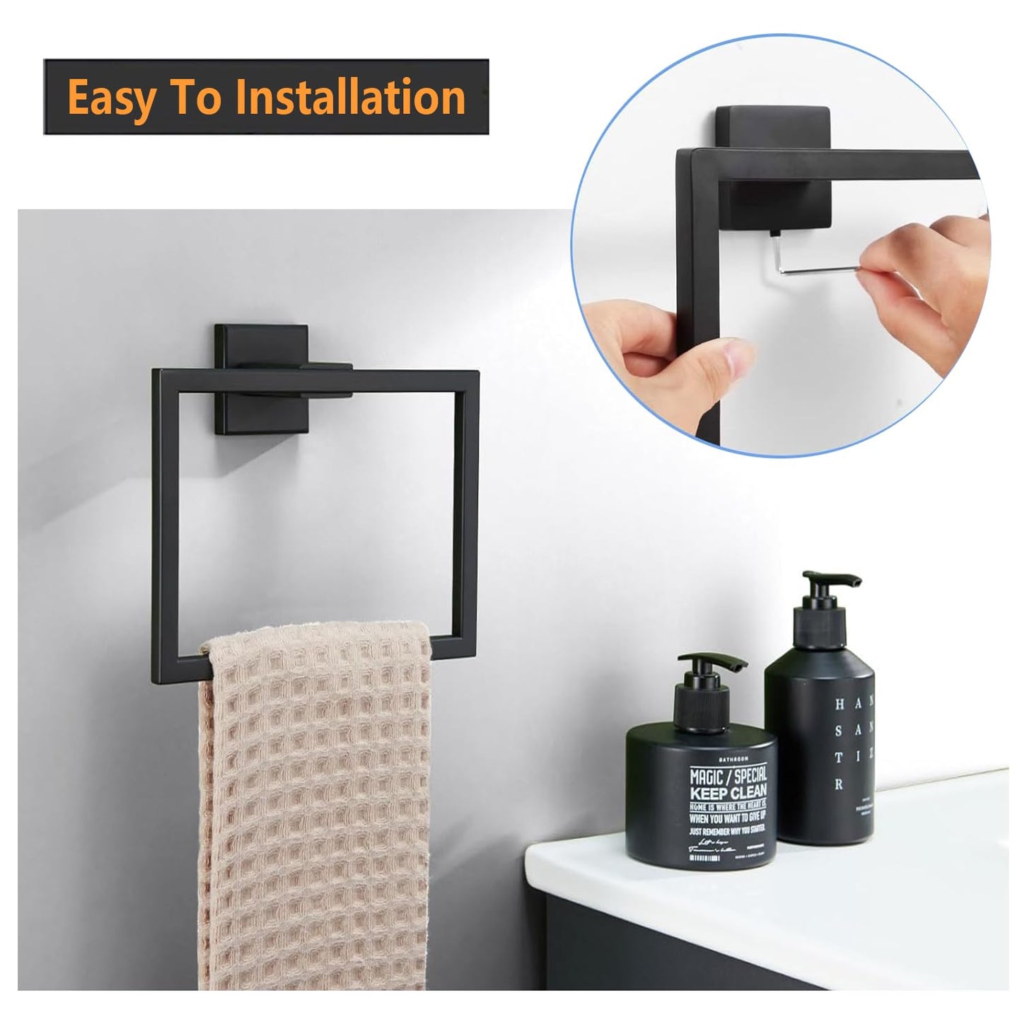 JOPOFI Towel Ring - Thicken SUS 304 Stainless Steel Towel Holder, Towel Racks for Bathroom, Square Modern Design Hand Towel Holder, Contemporary Hand Towel Bar - Matte Black