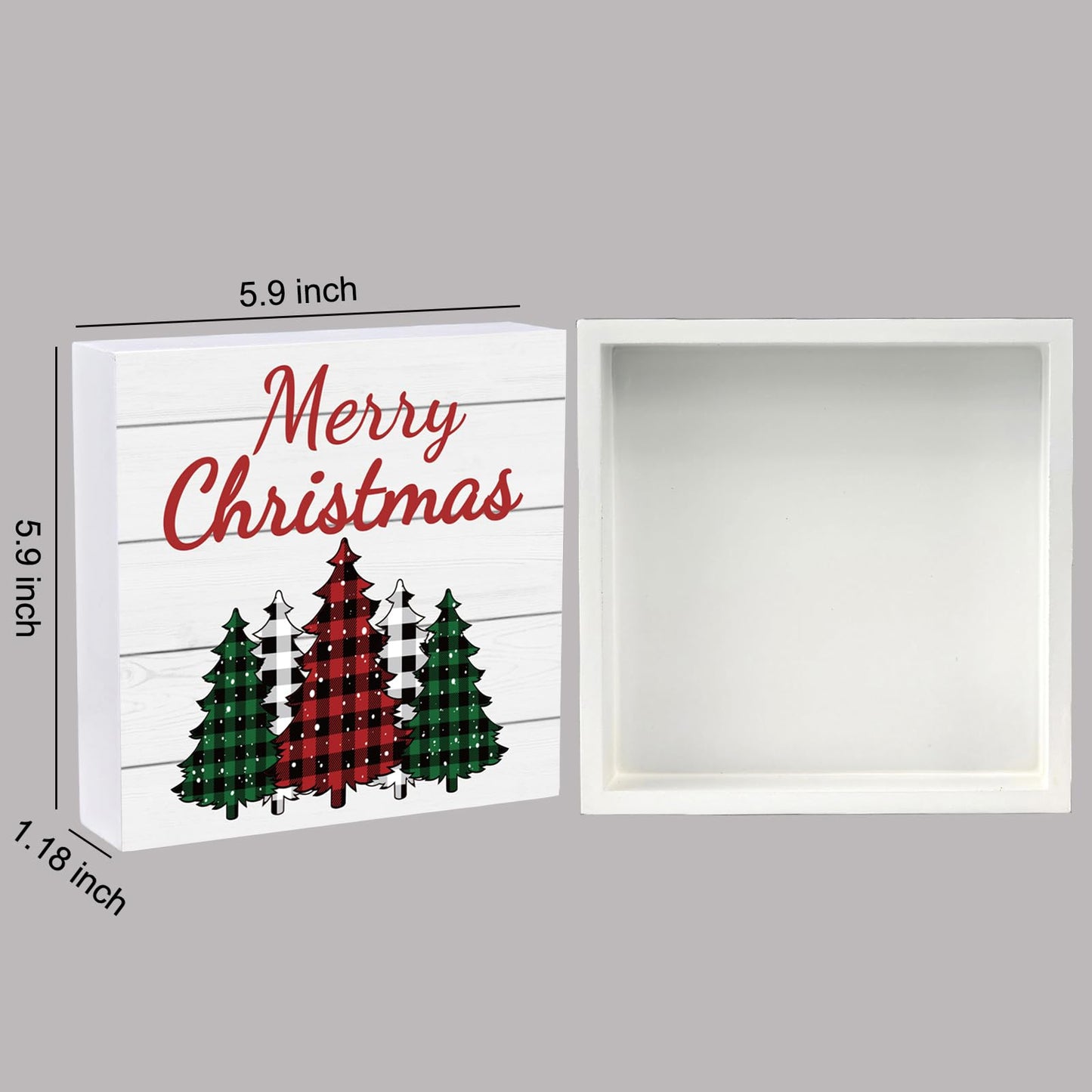 Christmas Decorations Indoor Christmas Decor Table Home Room Buffalo Plaid Tree Office Bathroom Wood Box Sign Rustic Wooden Shelf Desk Decor Season Sign House Warming Gifts 5.9 x 5.9 Inch