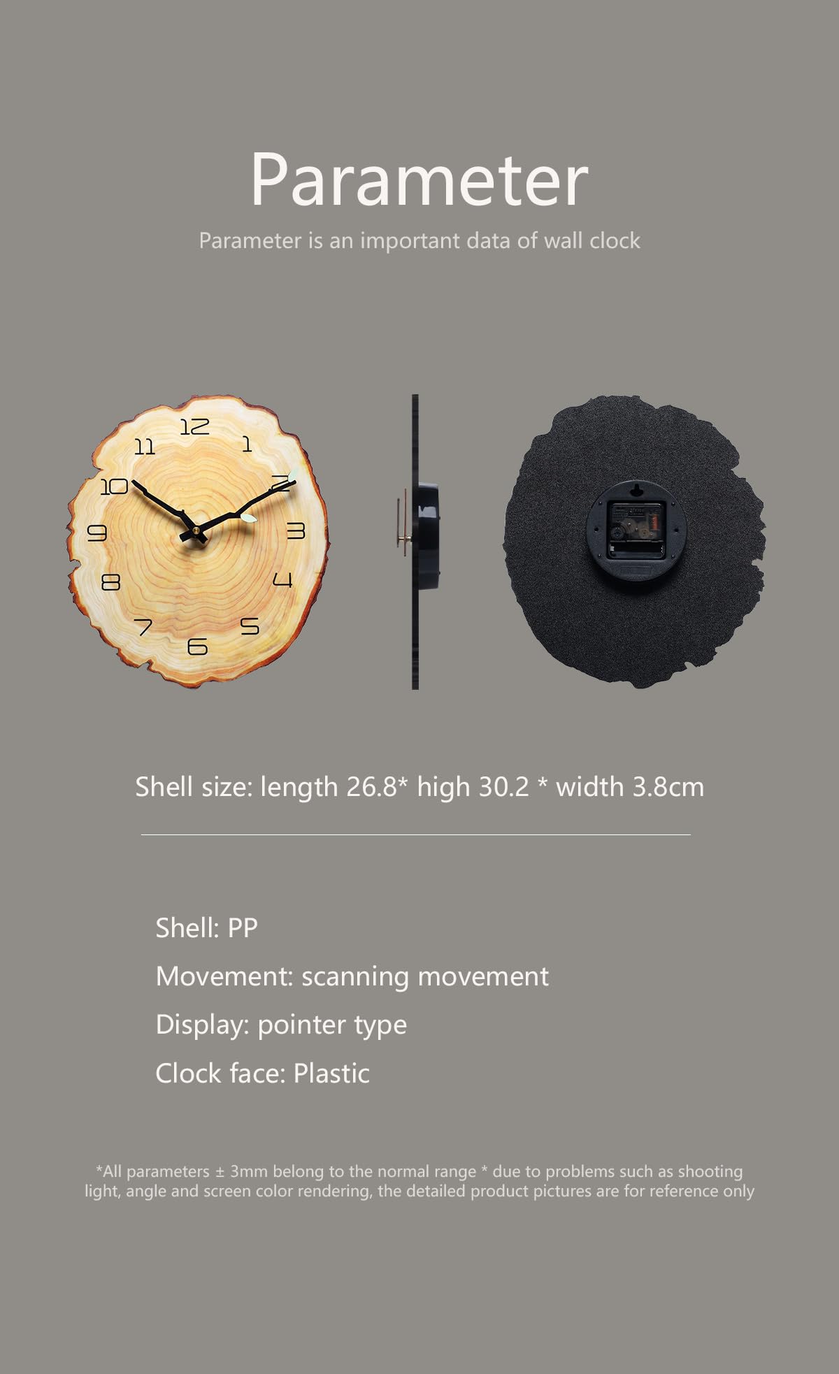 Funsec 12 Inch Annual Ring Wall Clock - Wood Grain Stump Clock with Arabic Numerals - Battery Powered, Silent Quartz Movement - Decorative for Home, Living Room, Office - Size: 10.55"W x 11.88"H