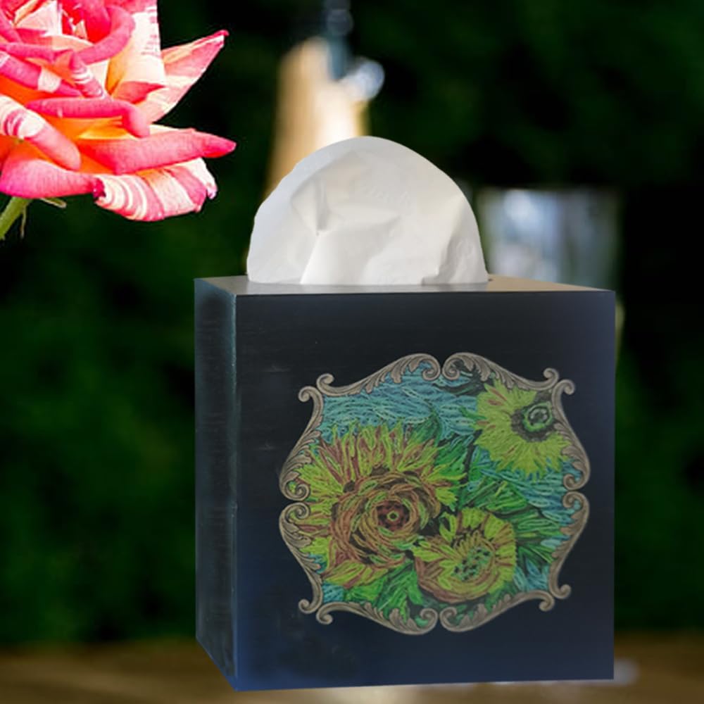 TAIANLE. Rustic Wooden Tissue Box Cover Square, Floral Sunflower Model Facial Tissue Holder, Wood Flower Box Cover Square Cube for Bathroom Bedroom Dinner Decro