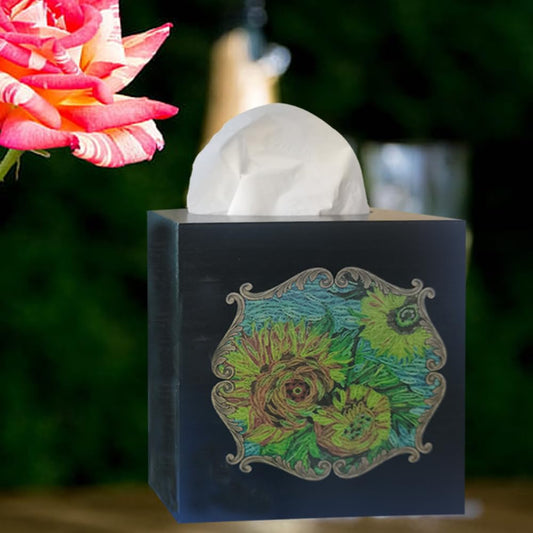 TAIANLE. Rustic Wooden Tissue Box Cover Square, Floral Sunflower Model Facial Tissue Holder, Wood Flower Box Cover Square Cube for Bathroom Bedroom Dinner Decro