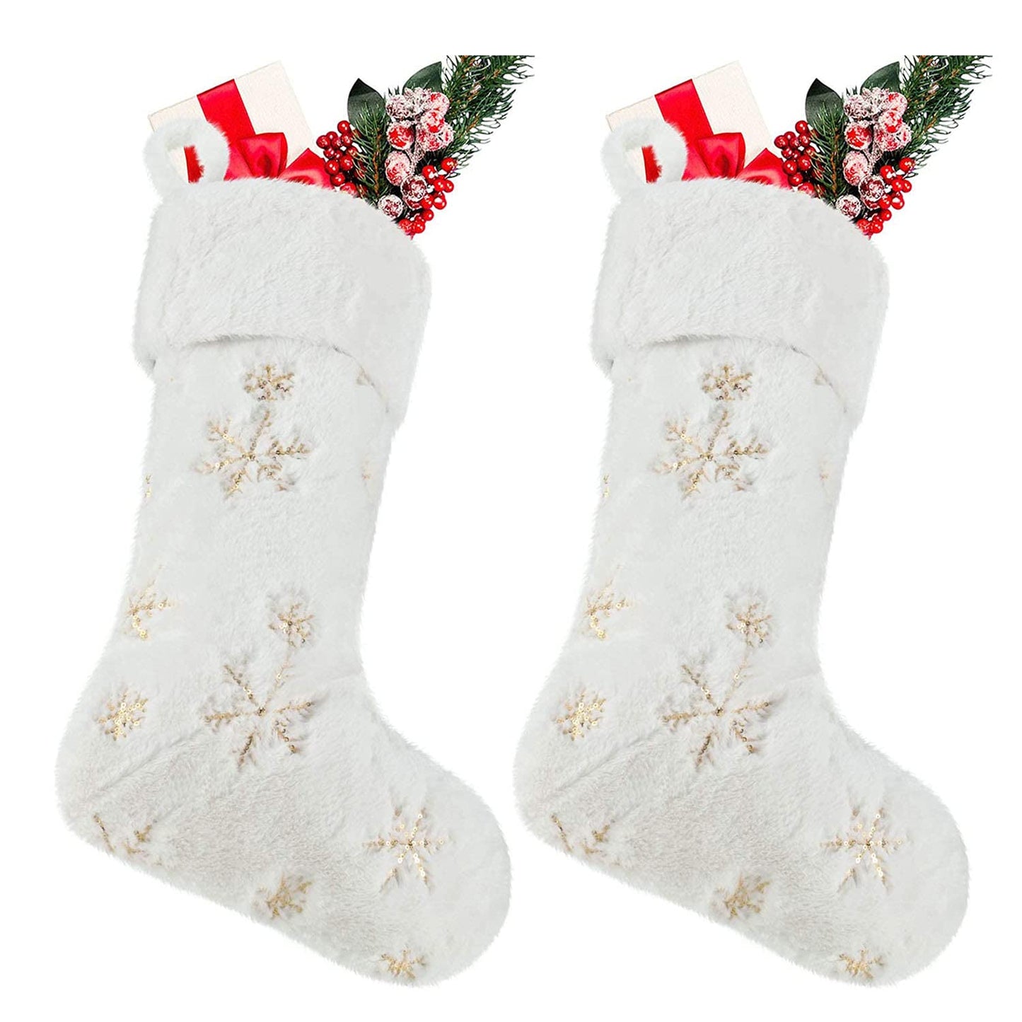 SherryDC White Plush Christmas Stockings 2 Pack, 19" Silver & Gold Snowflake Sequin Embroidered Fireplace Hanging Stockings Set for Christmas Decoration