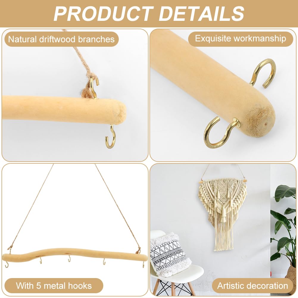 Saycker 2Pcs 15 Inch Driftwood Wall Hanging Jewelry Hanger, Rustic Branch Hanger Rack with 5 Hooks for Small Item Key(Wood color)