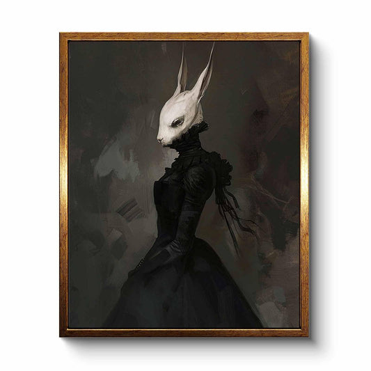 VIYYIEA Framed Canvas Wall Art Home Decor Gothic Room Decor Prints, Vintage Rabbit Lady Wall Decor, Aesthetic Dark Academia Easter Wall Pictures Gold Framed Goth Artwork 9x11in