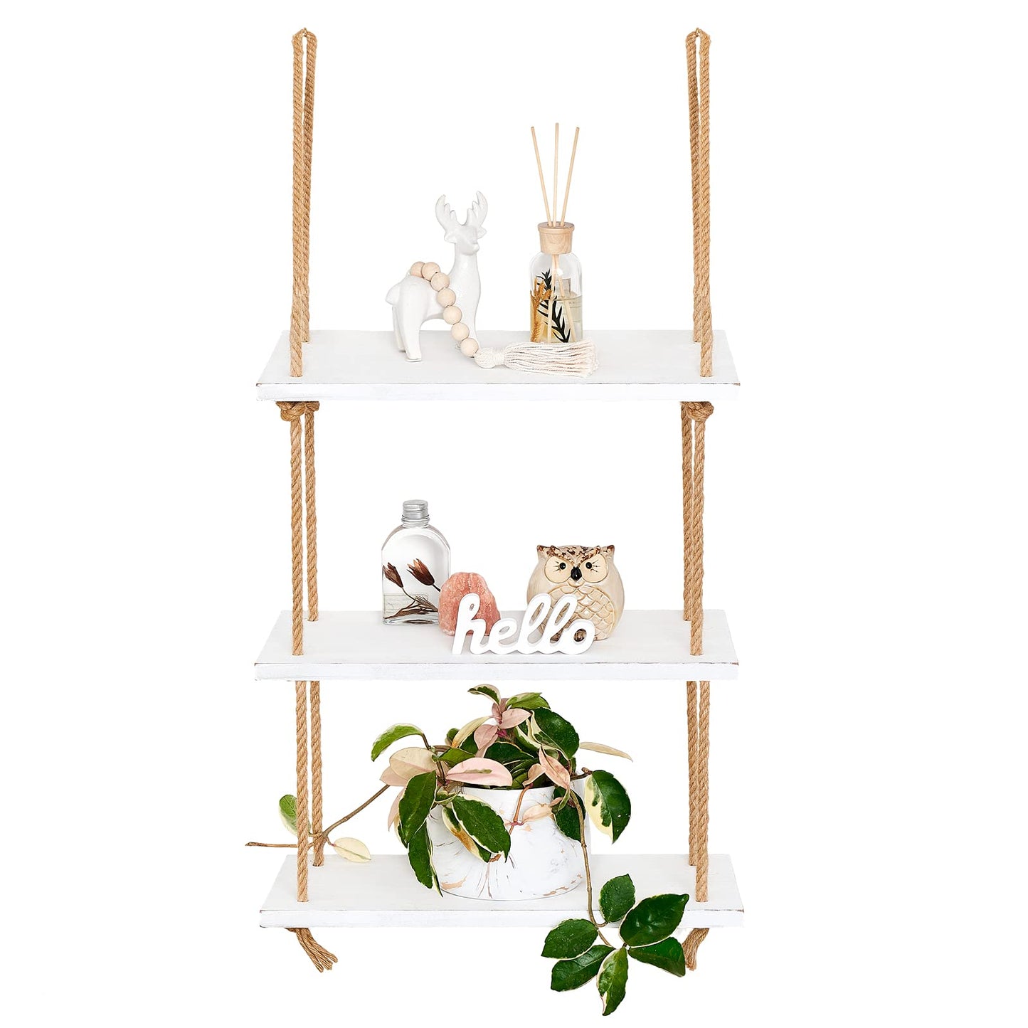 Mkono Hanging Shelves 3 Tier White Wood Wall Mount Floating Shelf with Rope Boho Decor for Living Room Bathroom Bedroom Kitchen Apartment - Rustic Wood Decorative Storage Shelf