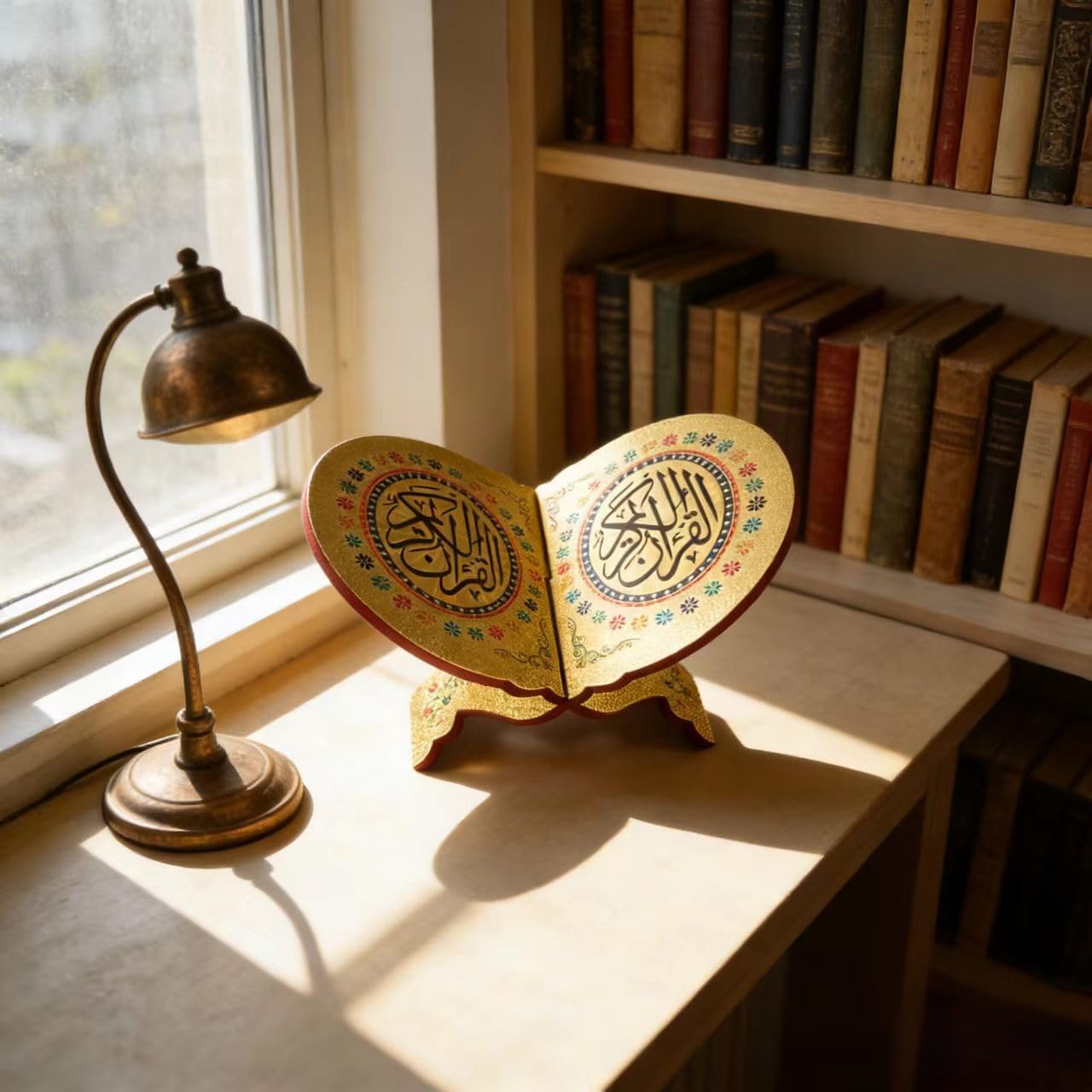 KYMY Muslim Quran Rehal Book Stand – Foldable Wooden Carved Quran Reading Holder for Al-Quran, Koran, Bible Books, Islamic Prayer Book Stand for Ramadan & Eid Decor