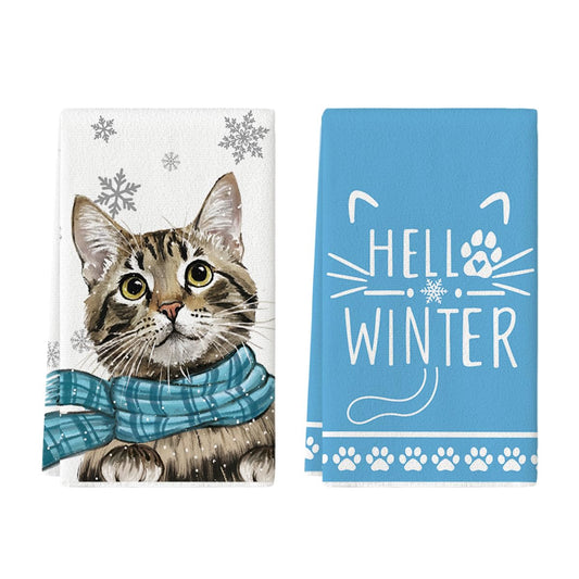 Artoid Mode Blue Cat Hello Winter Kitchen Towels Dish Towels, 18x26 Inch Print Snowflakes Christmas Decoration Hand Towels Set of 2