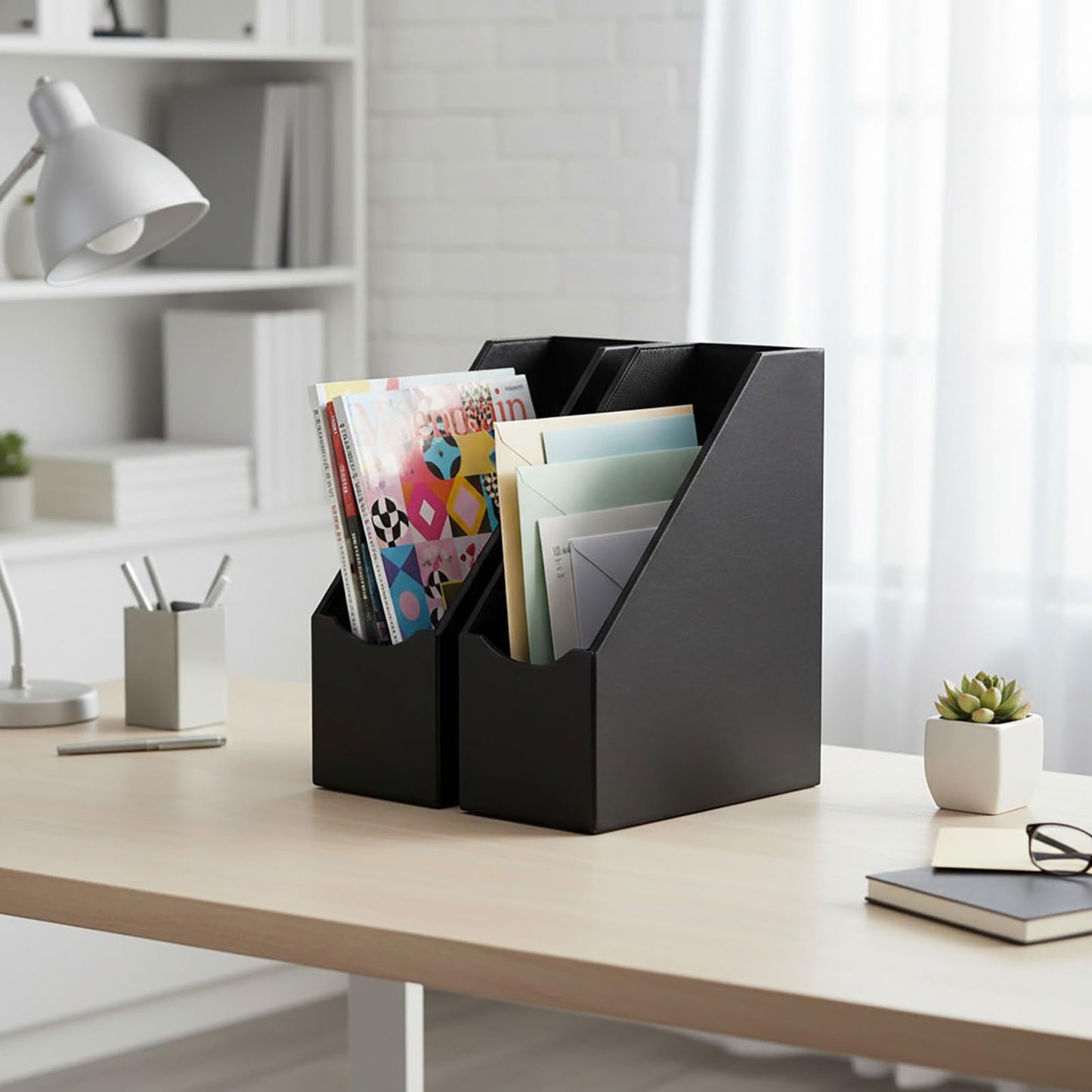 UnionBasic Magazine File Holder, Leatherette Desktop Document Organizer, Home Office Paper Holder File Storage Literature Sorter, Black