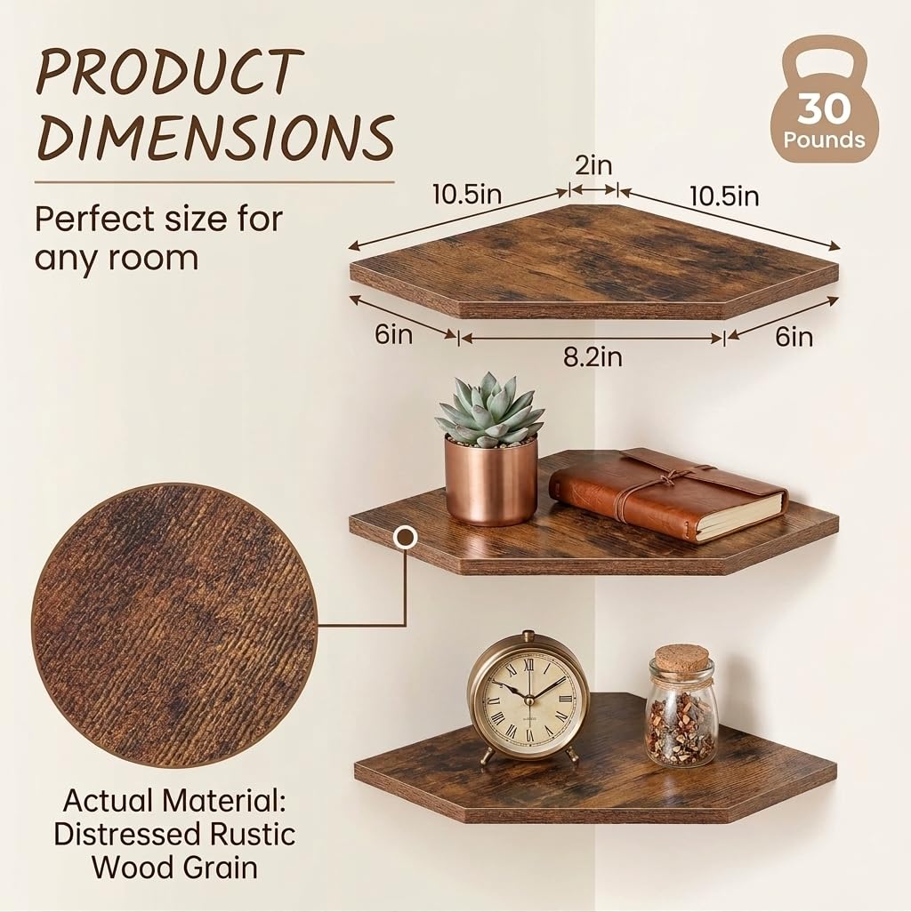 SUYU Set of 3 Floating Corner Shelves, 11.8" Rustic Wood Corner Shelf Wall Mounted, L-Shaped Corner Wall Shelf for Bathroom, Bedroom, Living Room, Kitchen, Office Organizer, Rustic Brown