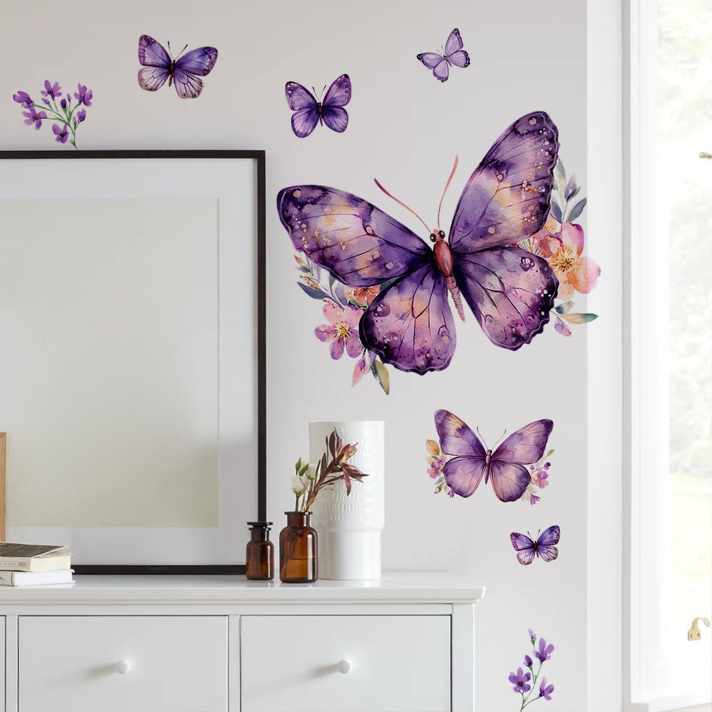 Purple Butterfly Wall Decals Removable Purple Butterflies with Flowers Wall Stickers Peel and Stick Vinyl Butterfly Art Wall Decor for Living Room Bedroom Nursery Bathroom Classroom Decorations