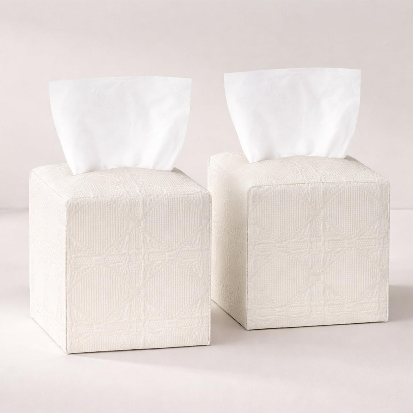 Avolander Tissue Box Cover 2-Pack, Square Tissue Holder with Bottom Belt, Modern Tissue Case Facial Paper Organizer Dispenser for Bathroom, Office, Home, Table, Car, White, Linen Pattern