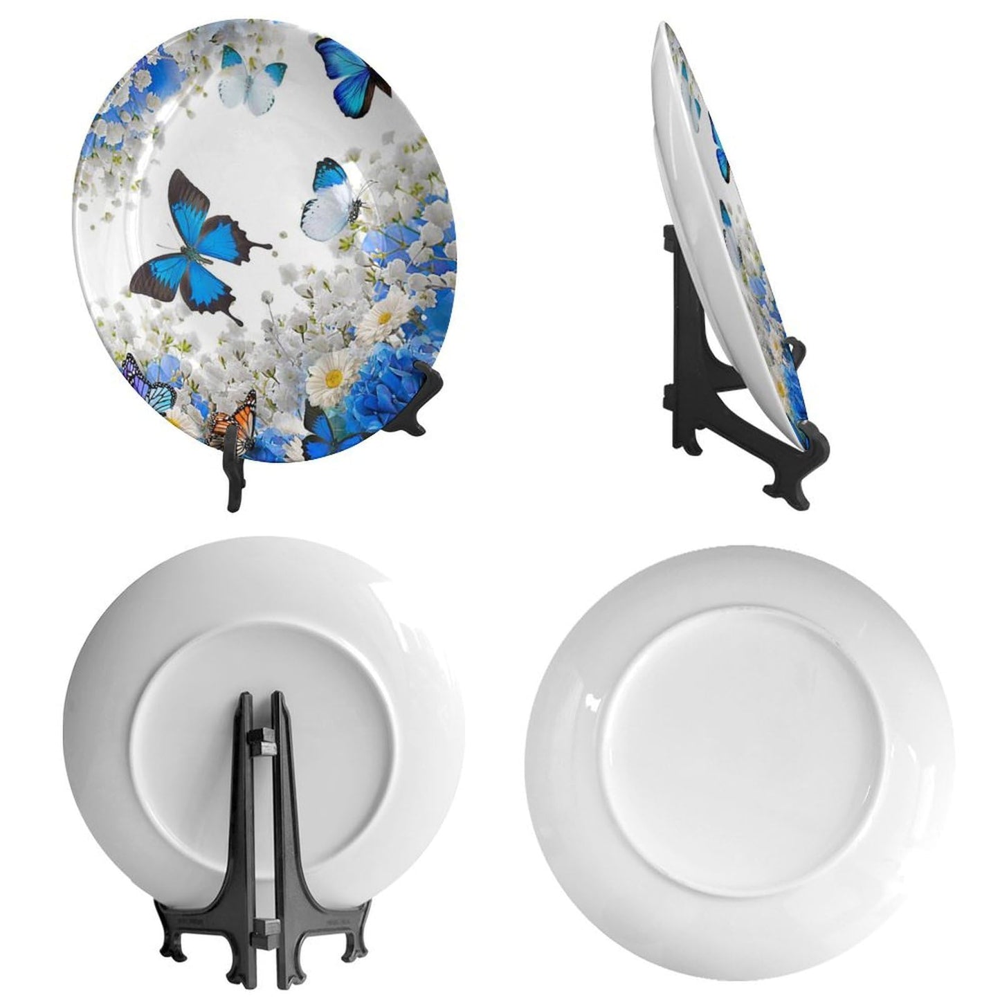 Bictucem Decorative Plates, 8 Inch, Flower Butterfly Round Display Plate, Table Top Plate Decor with Stand, for Wall Hanging Living Room Bathroom Decor Gift