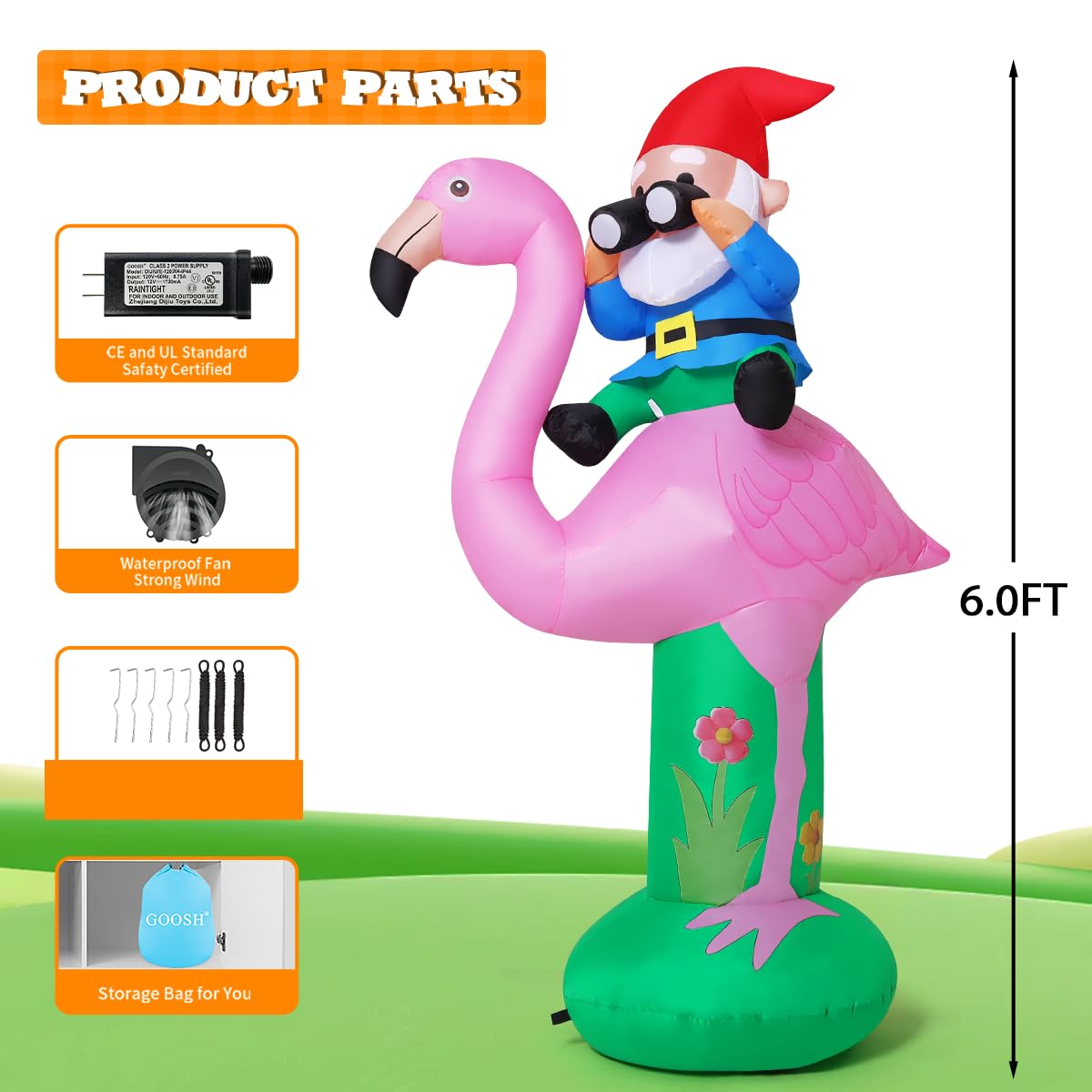 GOOSH 6 FT Spring Summer Inflatable Flamingo Outdoor Decoration Blow Up Yard with Gnomes Built-in LEDs for Indoor Hawaiian Party Garden Lawn Decor