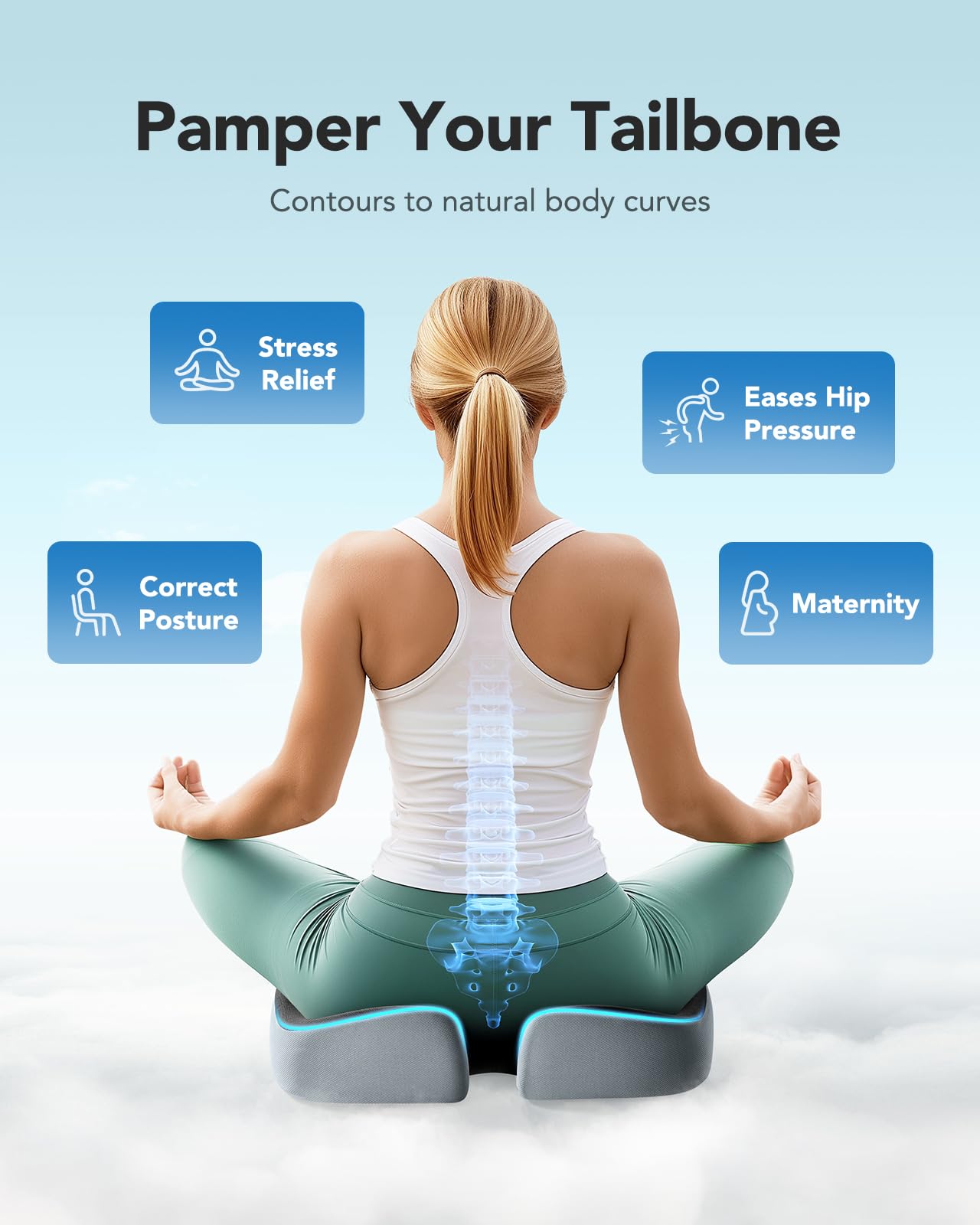 HUANUO Seat Cushion for Office Chair, Extra Large Memory Foam Cushion for Office Chair,Car & Wheelchair - Sciatica & Tailbone Pain Relief for Long Sitting, Ergonomic Design with Anti-Slip Bottom