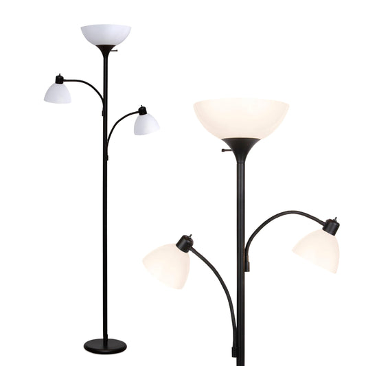 Brightech Sky Dome Double LED Floor Lamp, Torchiere Super Bright Floor Lamp with 2 Reading Lamps for Living Rooms & Offices - Dimmable Tall Standing Lamp for Bedroom Reading - Tall Black Pole