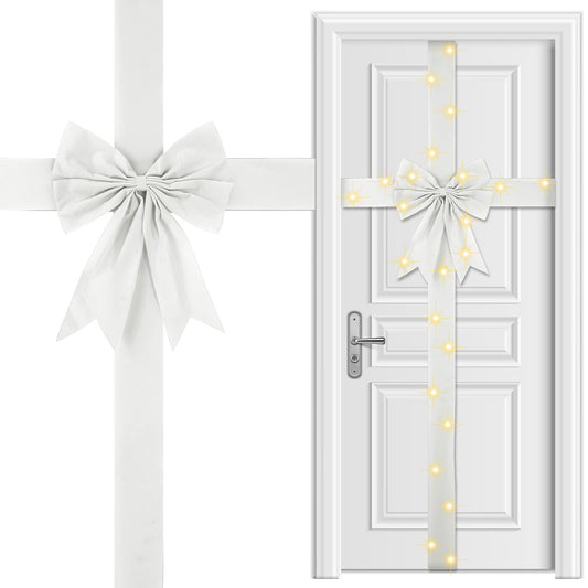 Spiareal Large Christmas Front Door Ribbon Bow with LED 14.1ft Velvet Christmas Cabinet Glowing Bows Decorations Xmas Tree Decor Festival Wrapping Decorations for Fireplace Home Front Door(White)