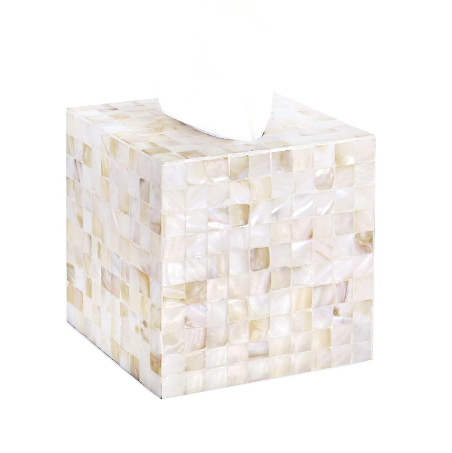 PEMAR Handcrafted Wooden Tissue Box Cover for Small Cube Tissue Boxes Only (Max Inner Size 4.7”) – Mother of Pearl Inlay Decorative Tissue Holder for Bathroom, Living Room & Office (White Sand)