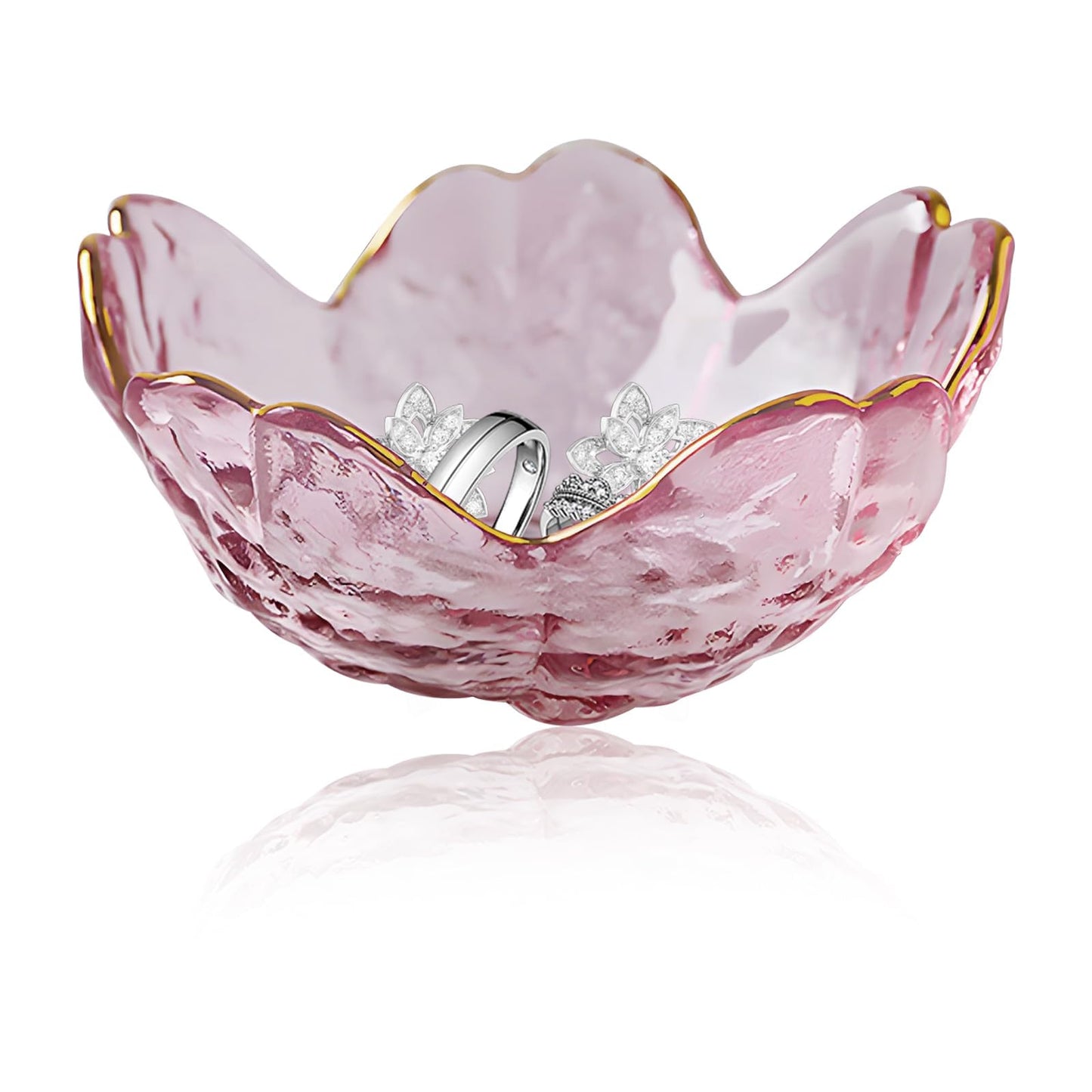 Flower Ring Dish Small Modern Accent Tray Ring Bowl Glass Pink Crystal Small Ring Dish Holder Dish Trinket Bowl, Jewelry Bowl Nightstand Decor Plate Vanity, Ring Dish for Necklaces Keys Gift Women