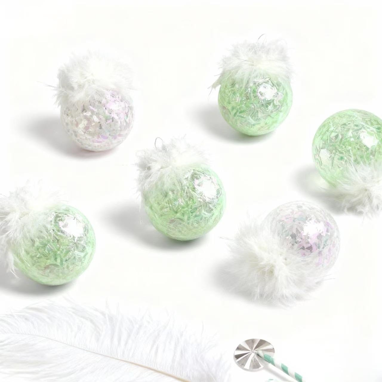 Feather Christmas Ornaments Ball for Home Décor – Clear & Soft Green Glitter Hanging Baubles, Shatterproof Modern Tree Decorations for Living Room, Fireplace, Table Styling, 6 Pack 2.36inch