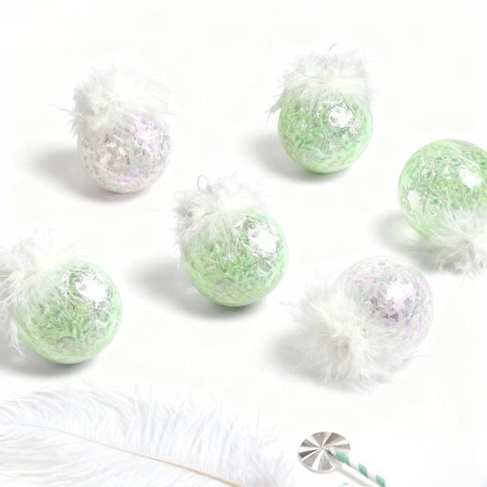 Feather Christmas Ornaments Ball for Home Décor – Clear & Soft Green Glitter Hanging Baubles, Shatterproof Modern Tree Decorations for Living Room, Fireplace, Table Styling, 6 Pack 2.36inch