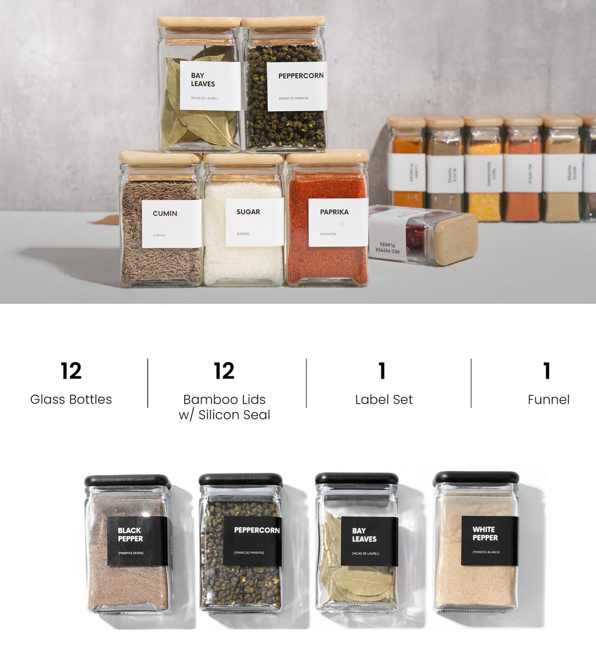 APT 1101 Glass Storage Jars with Bamboo Lid, glass canisters with airtight lids, Clear jars with lids for Spice, Cookie, Candy, Tea, Coffee Bean and Rice (Black, Spice Jar Set (4 oz, set of 12))