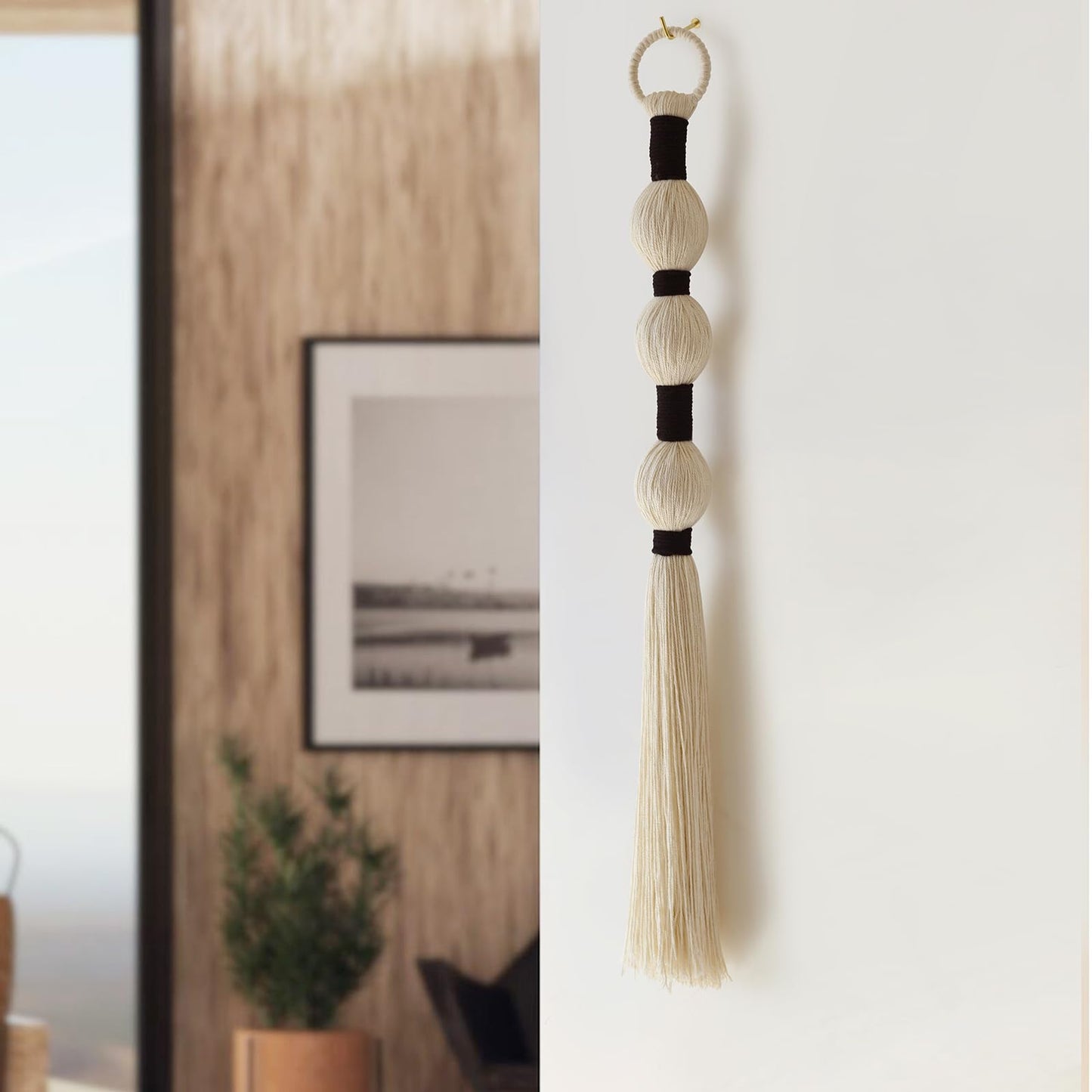 IOWER Macrame Wall Hanging Boho Wall Decor Small Sphericity Cotton Textile Tassel Hanging Fiber Yarn Art for Living Room Bedroom 27'' L x 2.3'' W