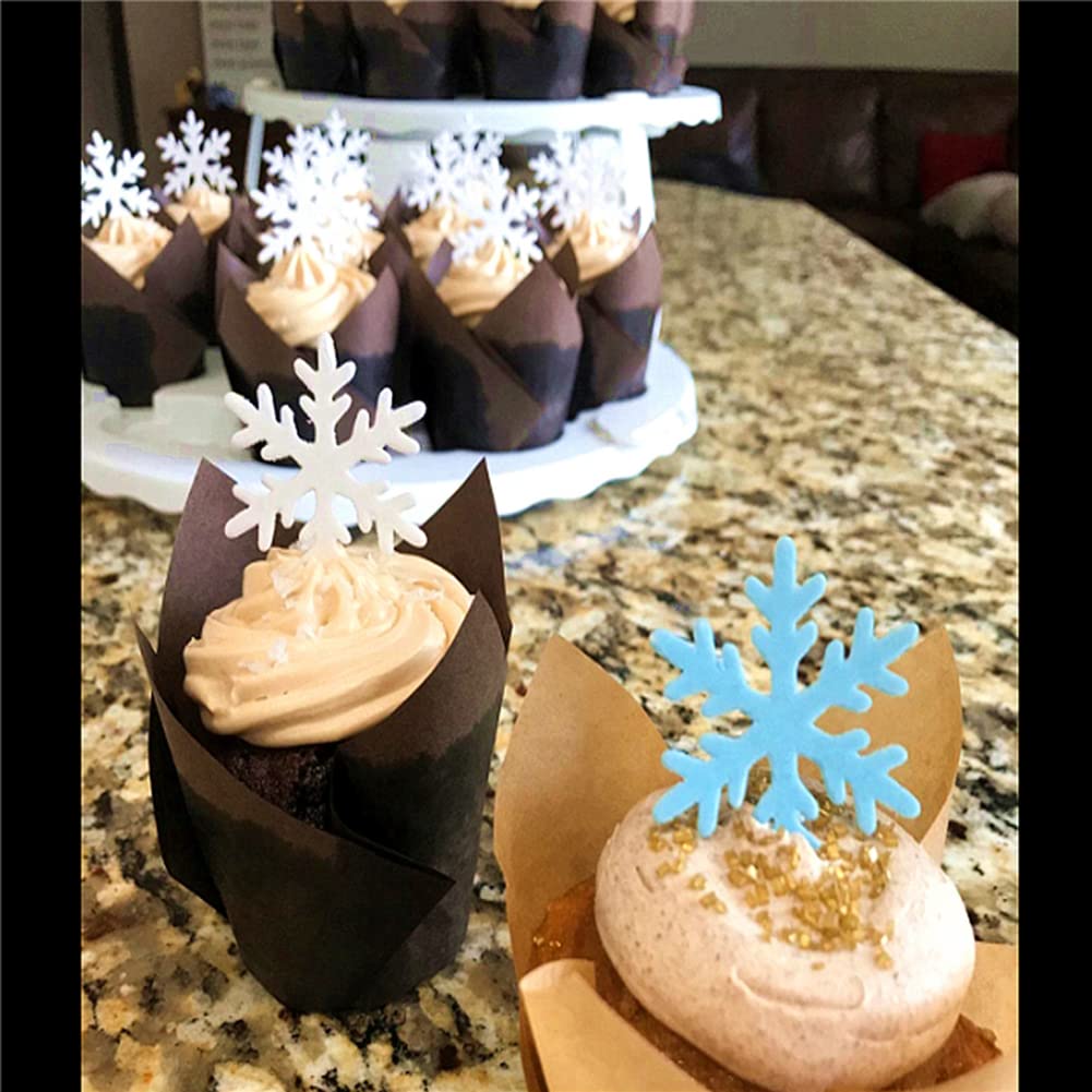 Homankit 50Pcs Edible Cake Cupcake Toppers Snowflakes Christmas Winter Party Decoration White and Blue