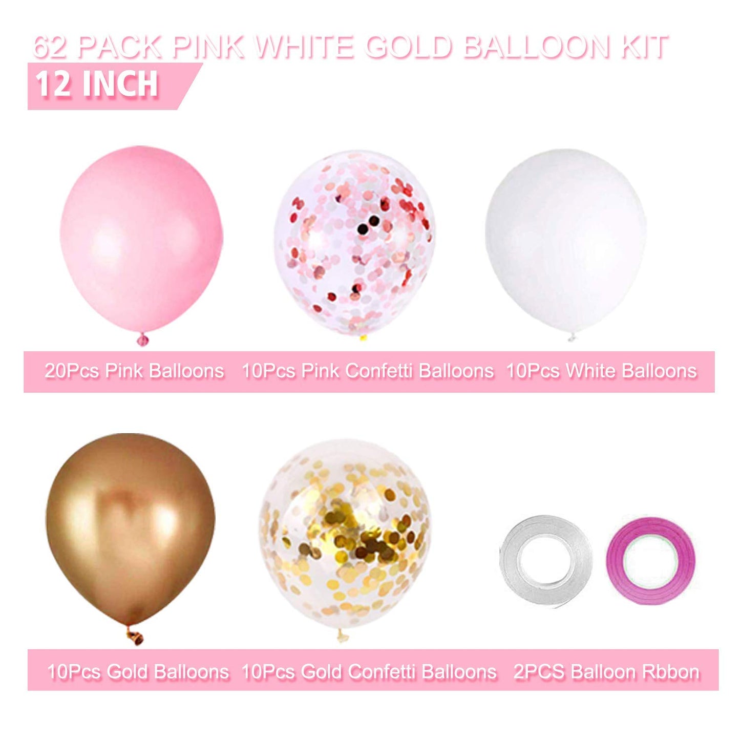 OuMuaMua 60Pcs Pink Gold Confetti Latex Balloons Kit, 12 Inch Pink White Gold Helium Mother's Day Balloons Party Supplies for Confession Proposal Wedding Girl Birthday Baby Shower Party Decoration