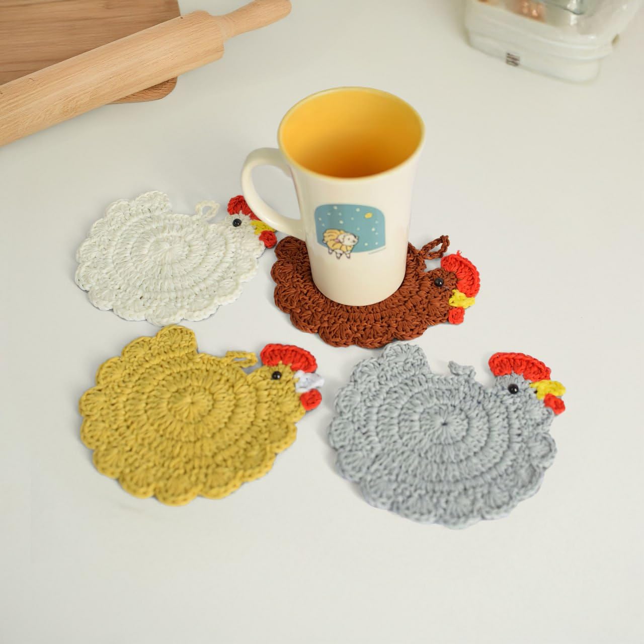 Handmade Crochet Chicken Coasters Set of 4, Mom, Stuffed Animal-Themed Drink Coasters, Cute Desk Accessories, Home Decor, Tabletop Protection, Crazy Chicken Lady Must Have