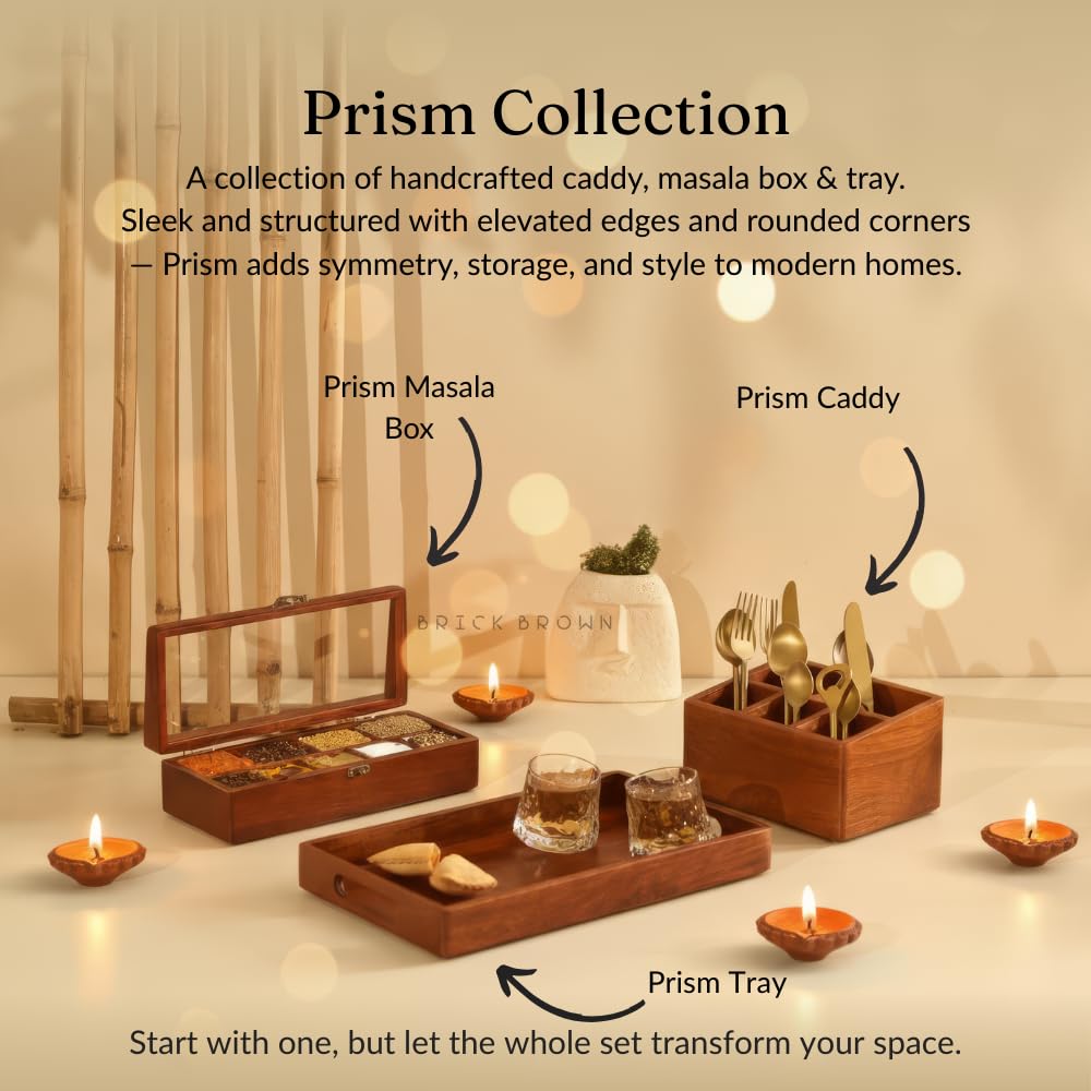 Brick Brown Premium Handcrafted Wooden Spoon stand for kitchen | cutlery holder for dining table | wooden caddy storage organiser stand with 5 section Mahogany Finish(8.75x6x4.5 inch)