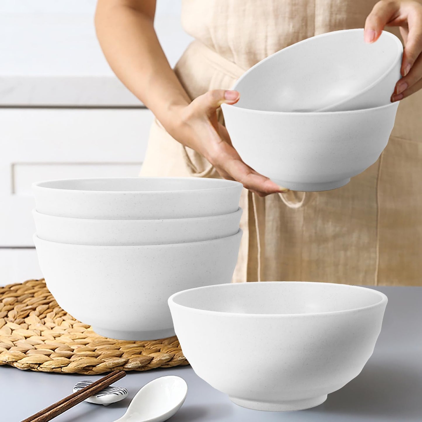 BUSOKIP 60 OZ Wheat Straw Bowls, Large Popcorn Bowl Sets of 6, Unbreakable Large Serving Bowls for Kitchen, Microwave and Dishwasher Safe Big bowl for Eating, Soup, Ramen, Cereal- White