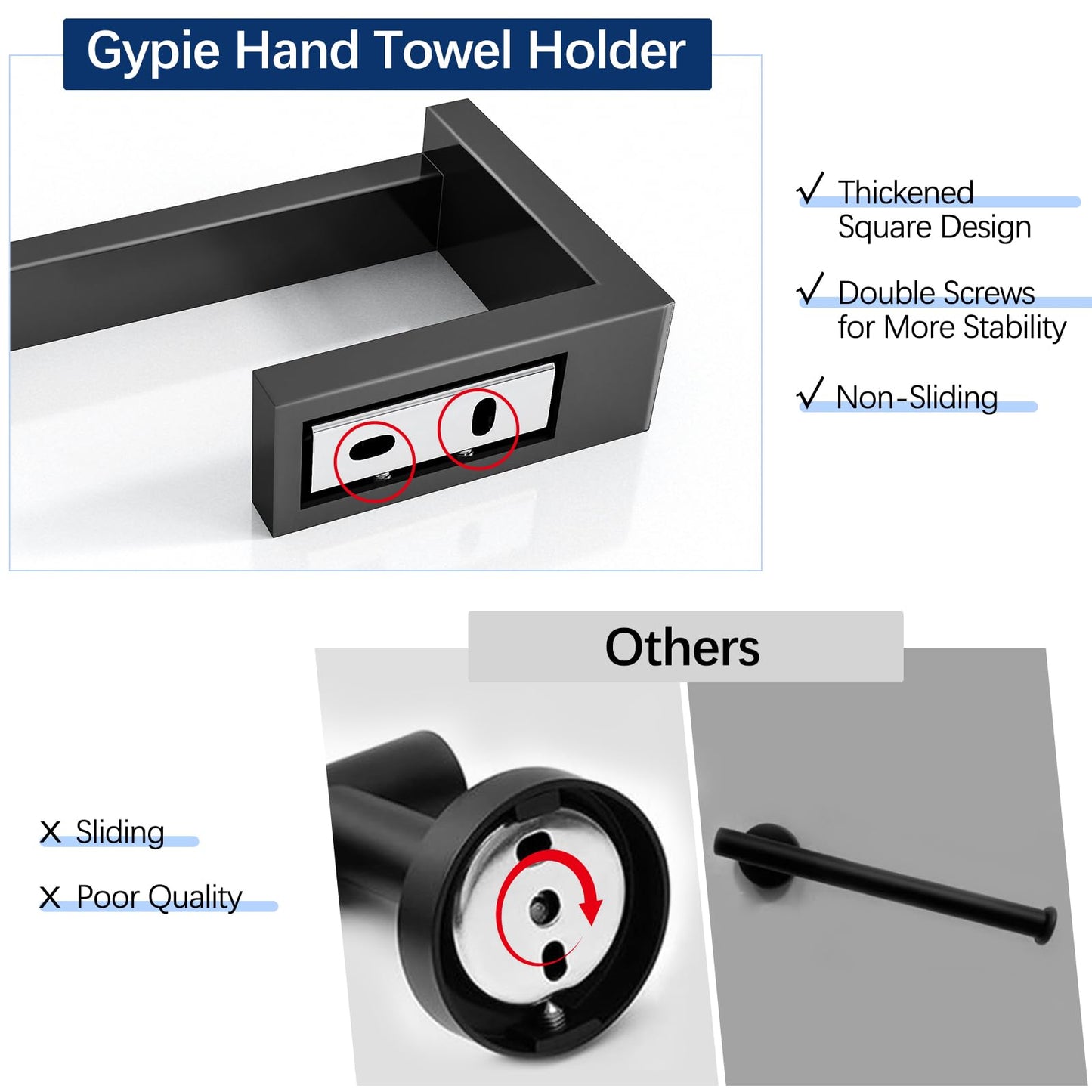 Gypie Hand Towel Holder for Bathroom Wall 2 Pack -Modern Towel Ring Square Hidden Mount with Dual Screws, Anti-Slip End, Stainless Steel, Matte Black