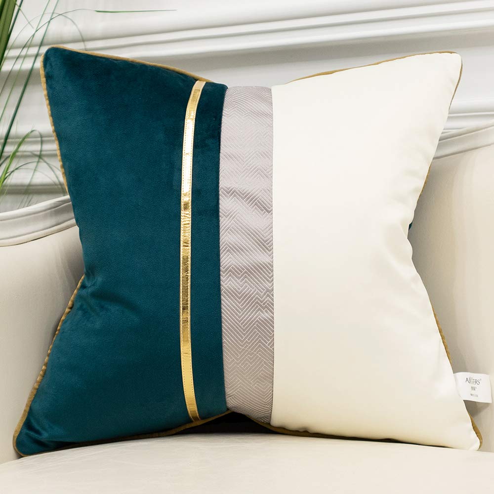 Avigers 20 x 20 Inches Teal White Gold Leather Striped Patchwork Velvet Cushion Case Luxury Modern Throw Pillow Cover Decorative Pillow for Couch Living Room Bedroom Car