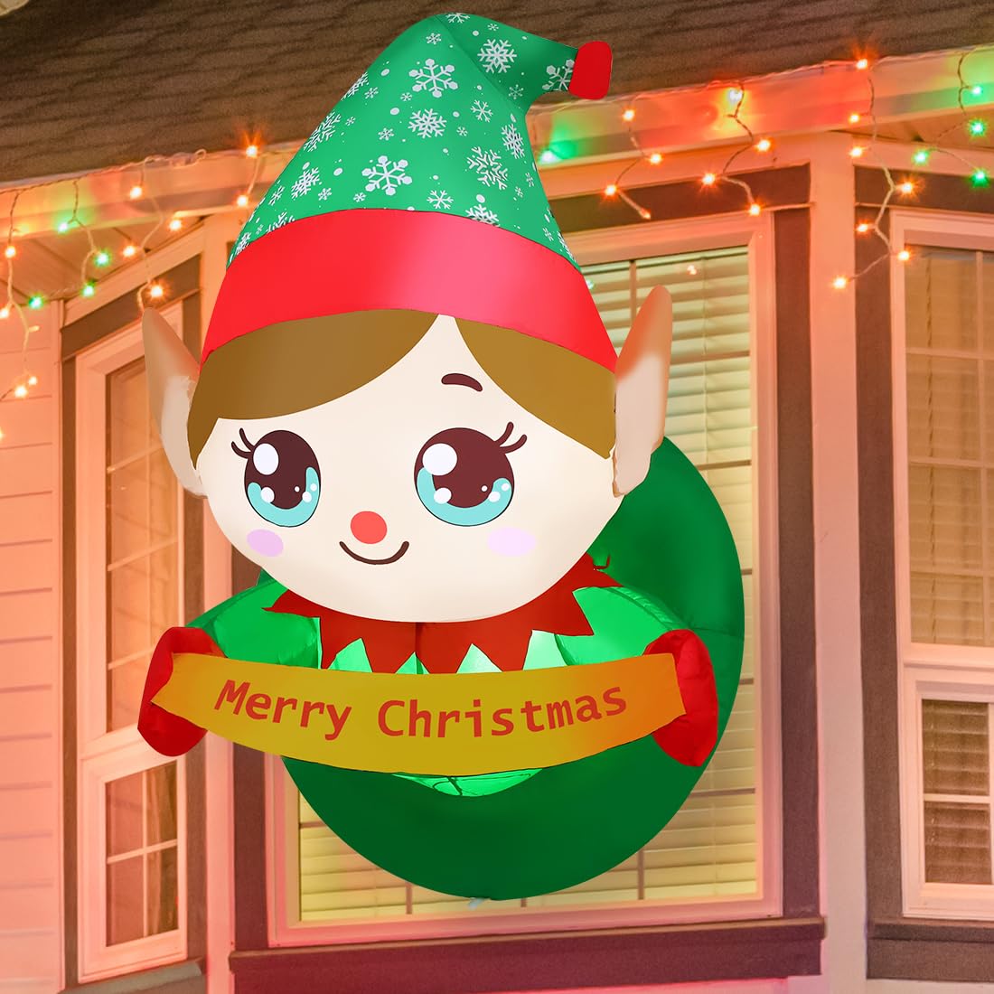 GOOSH 3.4 FT Christmas Inflatable Elf Outdoor Decorations Out from Window Blow Up Yard with Elf Merry Christmas Decoration Built-in LEDs for Holiday Xmas Garden Lawn Indoor Party Decor