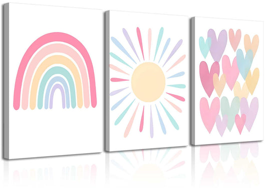 RCJARTI 3Pcs Pink Nursery Canvas Wall Art Rainbow Poster Kids Bedroom Baby Girls Toddler Pastel Wall Decor Prints Sun Boho Pink Sunshine Painting for Classroom School Nursery Decoration 12x16in
