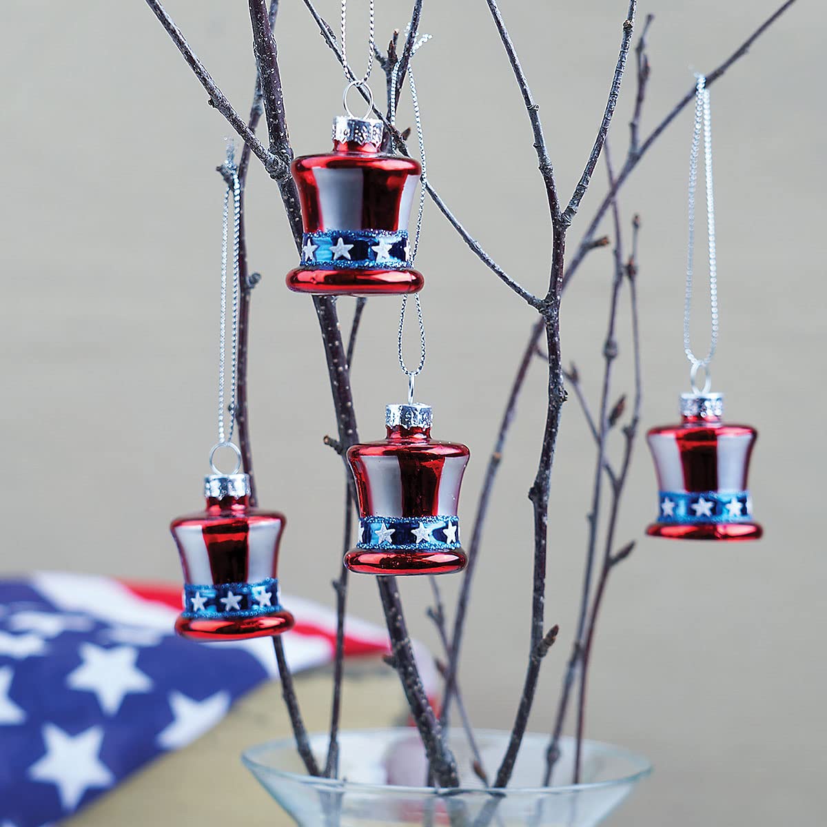 Lillian Vernon Uncle Sam Blown Glass Patriotic Ornaments - Handcrafted Hanging Tree Decorations, Uncle Sam American Hat Party Decor, 1.25 in, American, 12-Piece Set