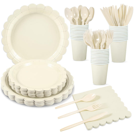 Xiangqu 175 Pcs Ivory Paper Plates and Napkins, Beige Party Supplies Include Scalloped Cream Plates Napkin Cup Plastic Cutlery for Wedding, Bridal&Baby Shower, Birthday