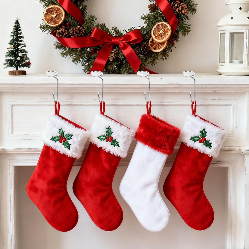 fiocloina Christmas Stocking Holders for Mantle Set of 4, Non-Slip Mantel Stocking Hangers Hooks Christmas Silver Stocking Hangers for Fireplace Xmas Party Decoration (Silver)