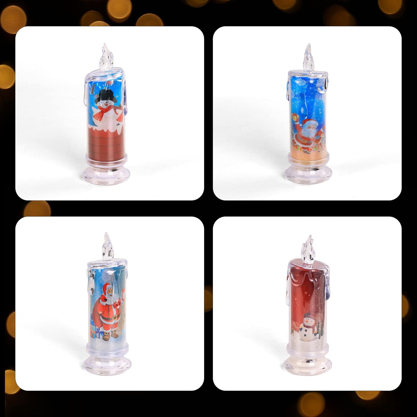 SupBri Flameless LED Candles Set of 4 with Santa Claus, Snowman Decals - Battery Operated Christmas Themed Festival Gift Decorations
