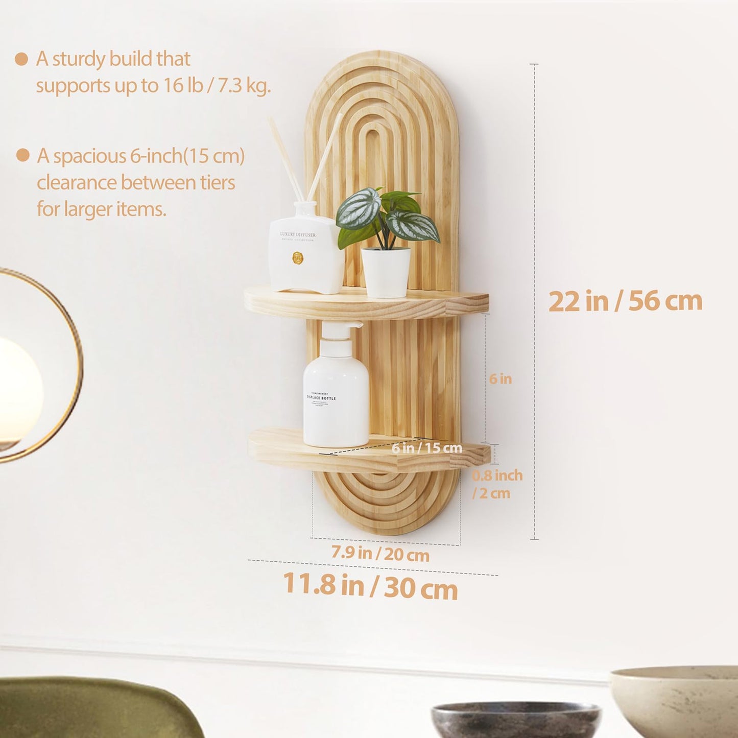 SweetSage Wooden Arched Wall Shelf - Boho Decor Floating Shelves Book Display Rainbow Shelf for Home Bedroom Living Room Nursery Office 22 x 11.8 Inches Natural