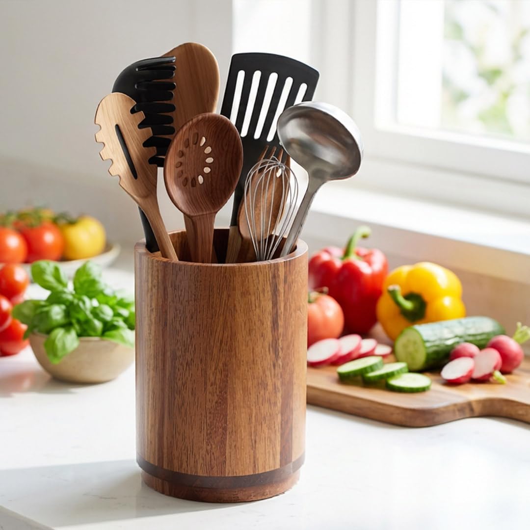 Segtenant Utensil Holder, Acacia Wood Kitchen Utensil Holder for Countertop, 360°Rotating Cooking Utensil Crock for Kitchen Counter, 7.2" Large Utensil Organizer for Spatula