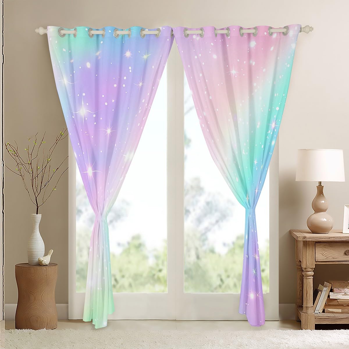 Erosebridal Ombre Blackout Curtains Tie Dye Gradient Darkening Curtains Girl Batik Pink Purple Blue Window Treatments Rainbow Iridescent Window Drapes 38"x45",2 Panels