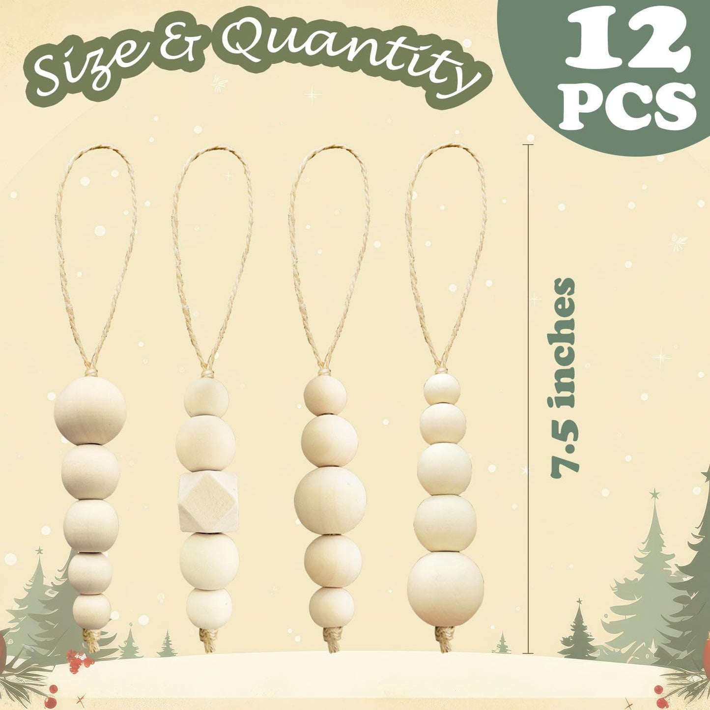 OurWarm 12 Pcs Wood Beads Christmas Tree Ornaments Wooden Beads, 4 Style Boho Christmas Decor Xmas Tree Hanging Beads, Farmhouse Christma Ornaments Beads for Tree Decor Home Decor