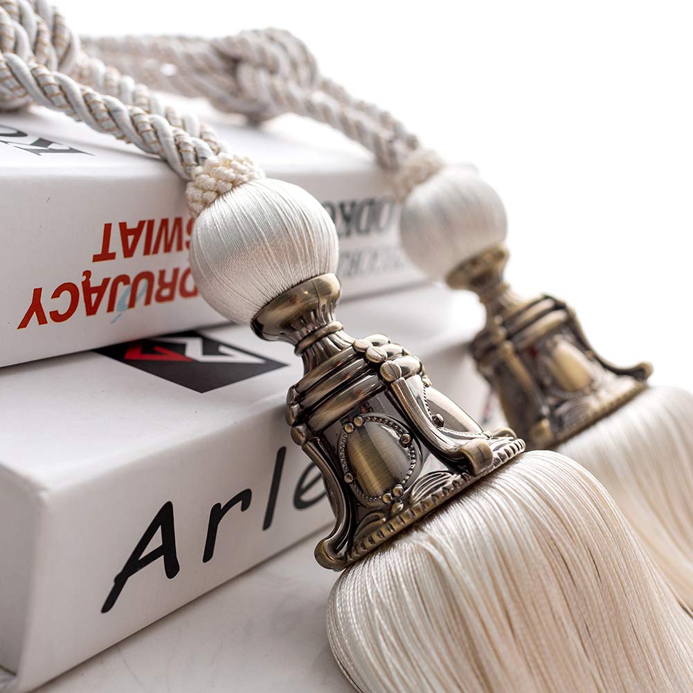 Melodieux Decorative Curtain Tiebacks Antique Tassels Holdbacks, Home Office Windows Drapery Fasteners Fringe Ropes, Set of 2 (White)